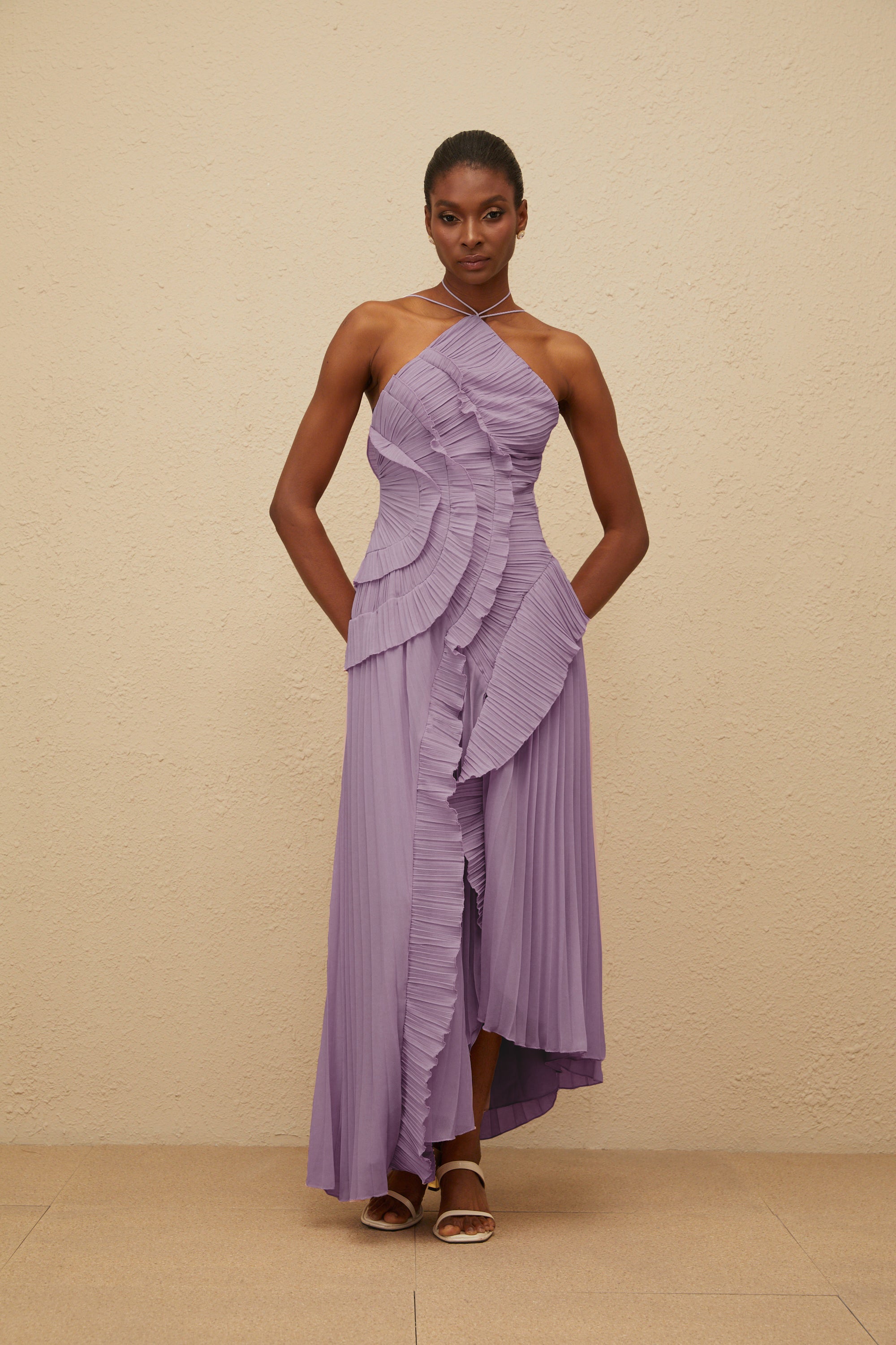 Valérinne Pleated Halter Maxi Dress
